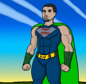 DALL·E 2023 08 25 14.30.55 a comic strip style picture of a muscley super hero whos custom uses the team colors of the Seattle Seahawks with his chest out with no logo on his